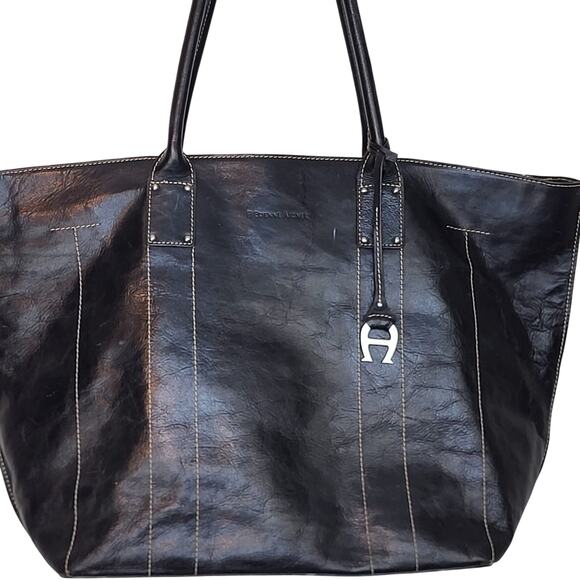 Etienne Aigner Large Black Leather White Stitch Tote Great Computer or Beach Bag - Picture 2 of 10